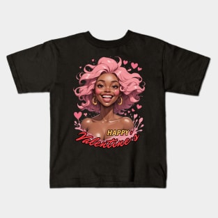 Happy Valentine's Day Black Girl Pink Hair comic pop art anime Kids T-Shirt